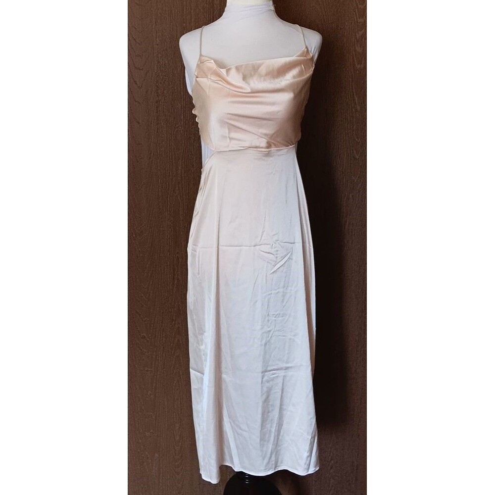 Lyaner Cocktail Dress M Satin Beige Cowl Neck Strappy Cutout Tie Back Sexy